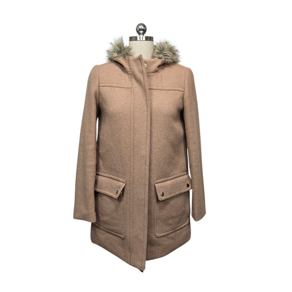 J. Crew Mercantile Women Camel Wool Blend Faux Fur Hooded‎ Parka Coat Size 2